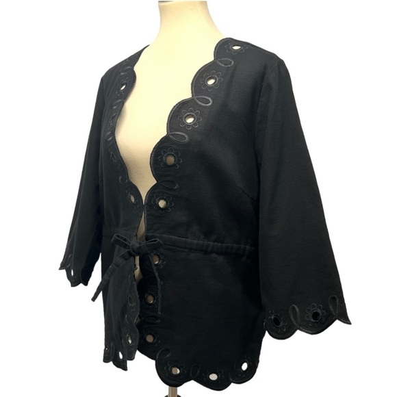 Bob Mackie Art To Wear Black Cotton Floral Eyelet Tie Waist Jacket Womens Large - Picture 7 of 11